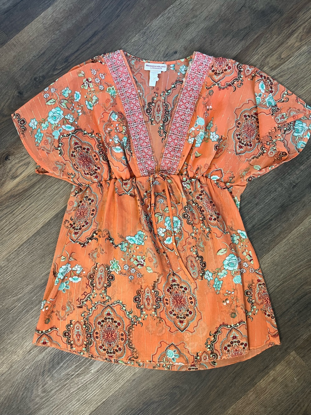 Vintage Y2K Meghan LA Orange Floral Paisley V-Neck Boho Babydoll Top